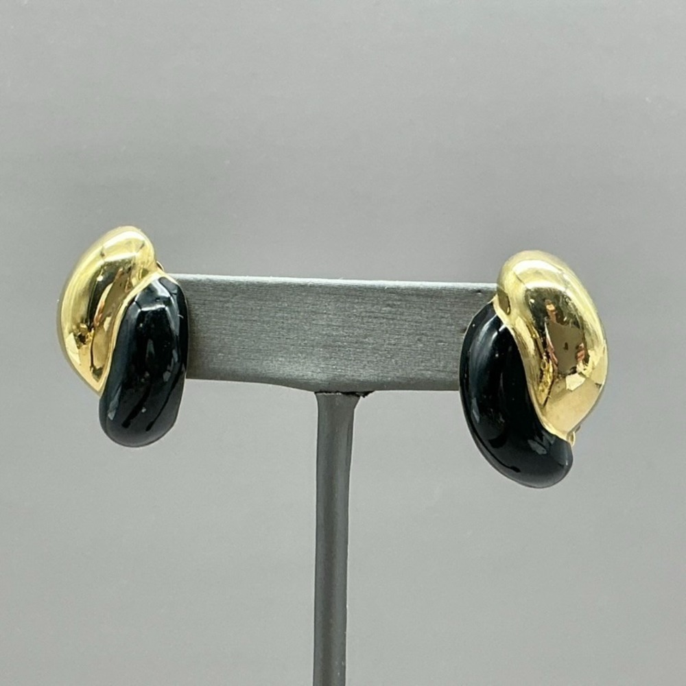 Carolee Vintage Earrings Black Enamel Gold‎ Tone Sculptural Clip On Statement